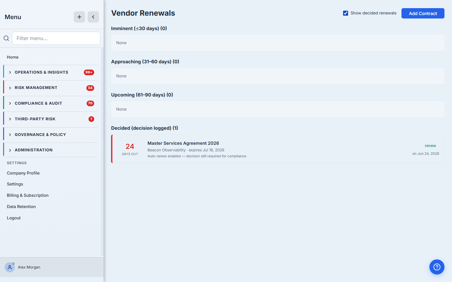 The decided view — the contract logged as "renew" with the decision date, cleared out of the active buckets.
