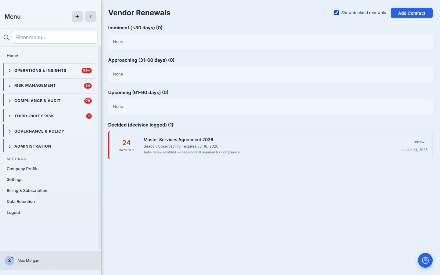The decided view — the contract logged as "renew" with the decision date, cleared out of the active buckets.
