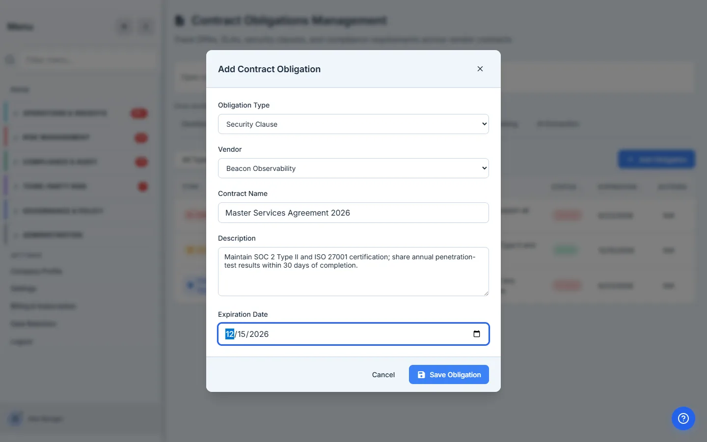 Adding an obligation — vendor picker, type, contract, the commitment text, and an expiration/review date.