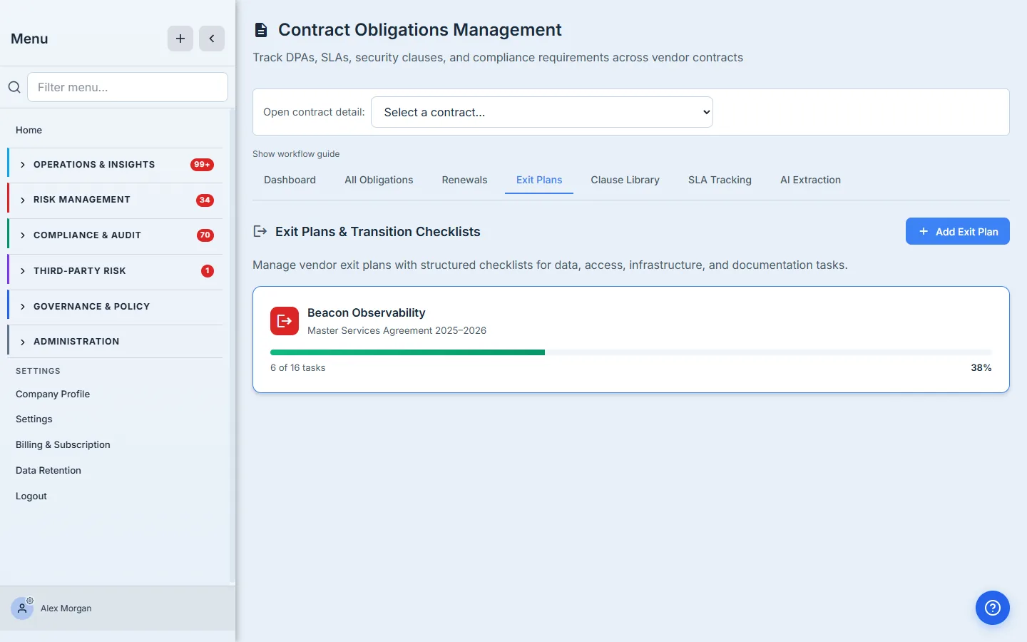 The exit-plans tab — each vendor's transition plan as a checklist with completion progress.