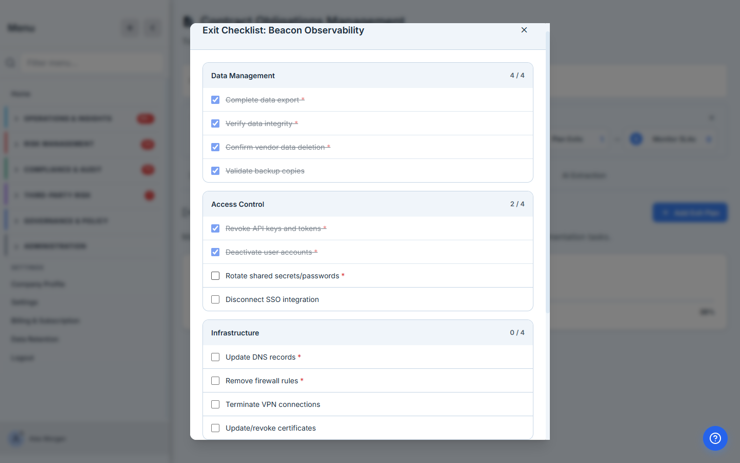 The exit checklist — Data Management and Access Control tasks being checked off as the transition is executed.