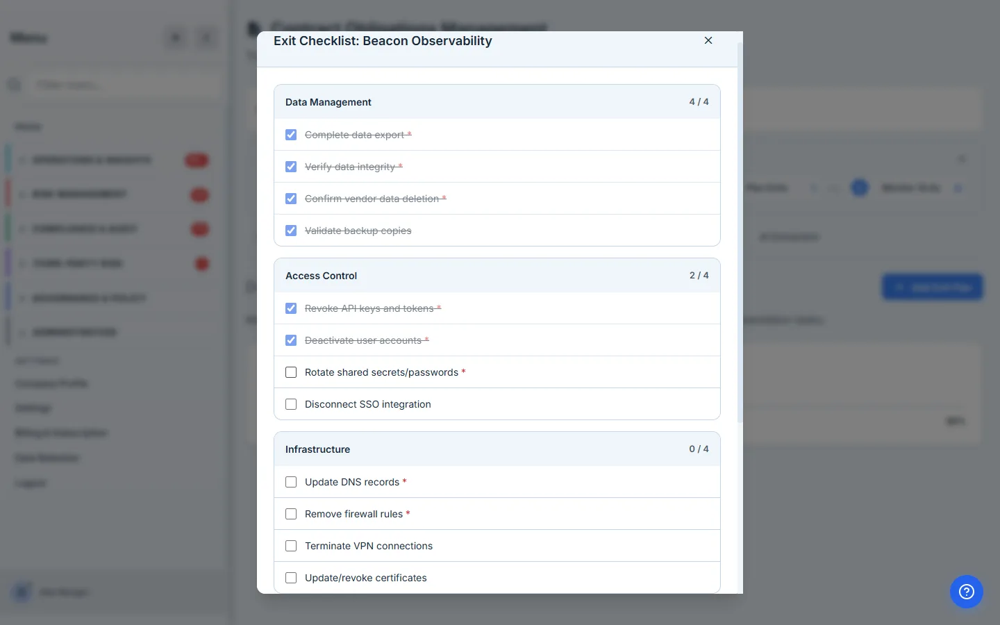 The exit checklist — Data Management and Access Control tasks being checked off as the transition is executed.