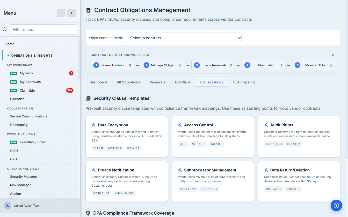 The clause library — reference security and DPA clause templates tagged by framework.
