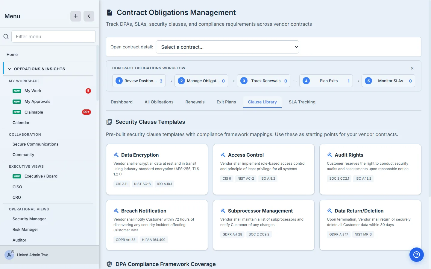 The clause library — reference security and DPA clause templates tagged by framework.