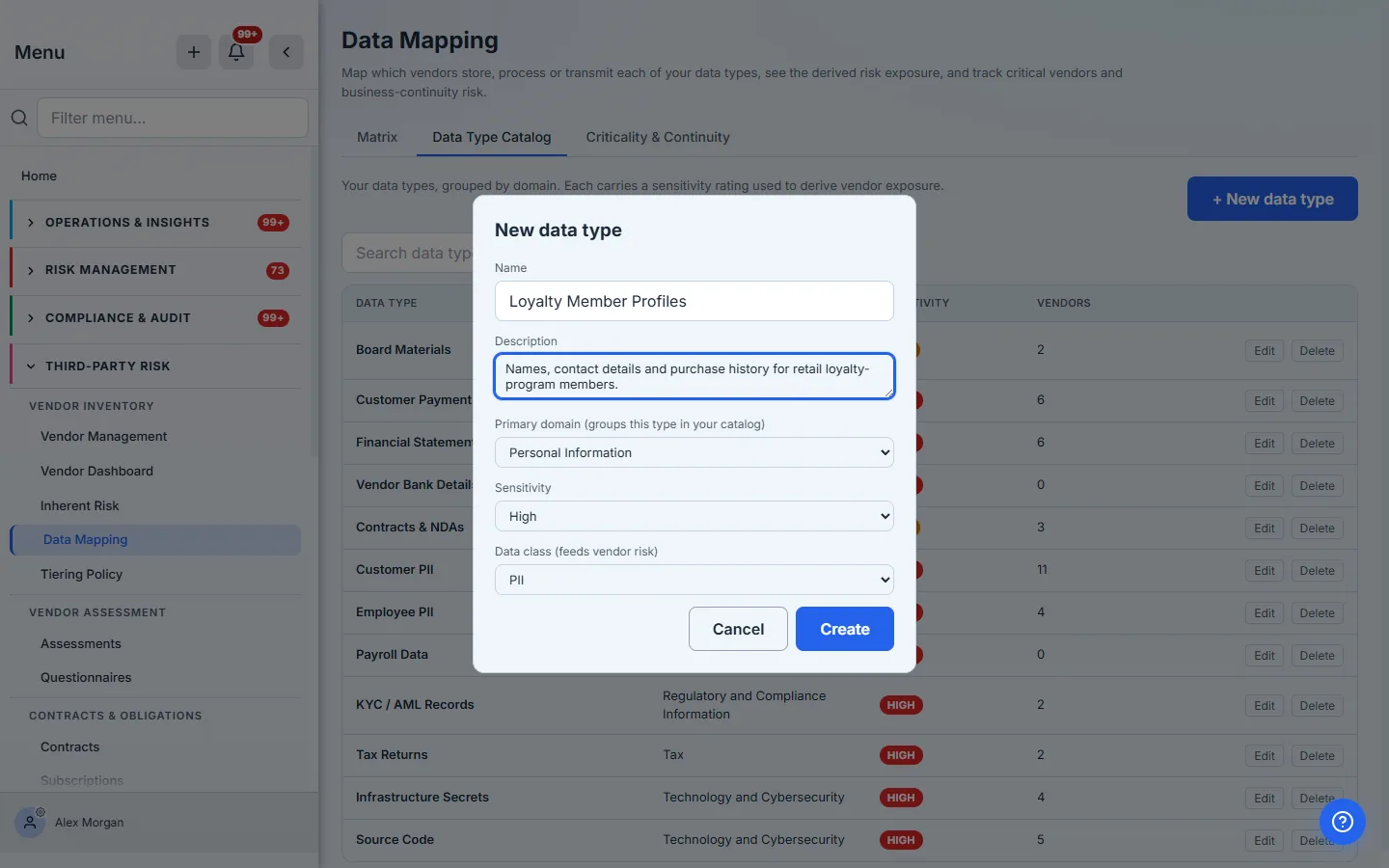 The New data type modal — name, description, primary domain, sensitivity, and the data class that feeds vendor risk.