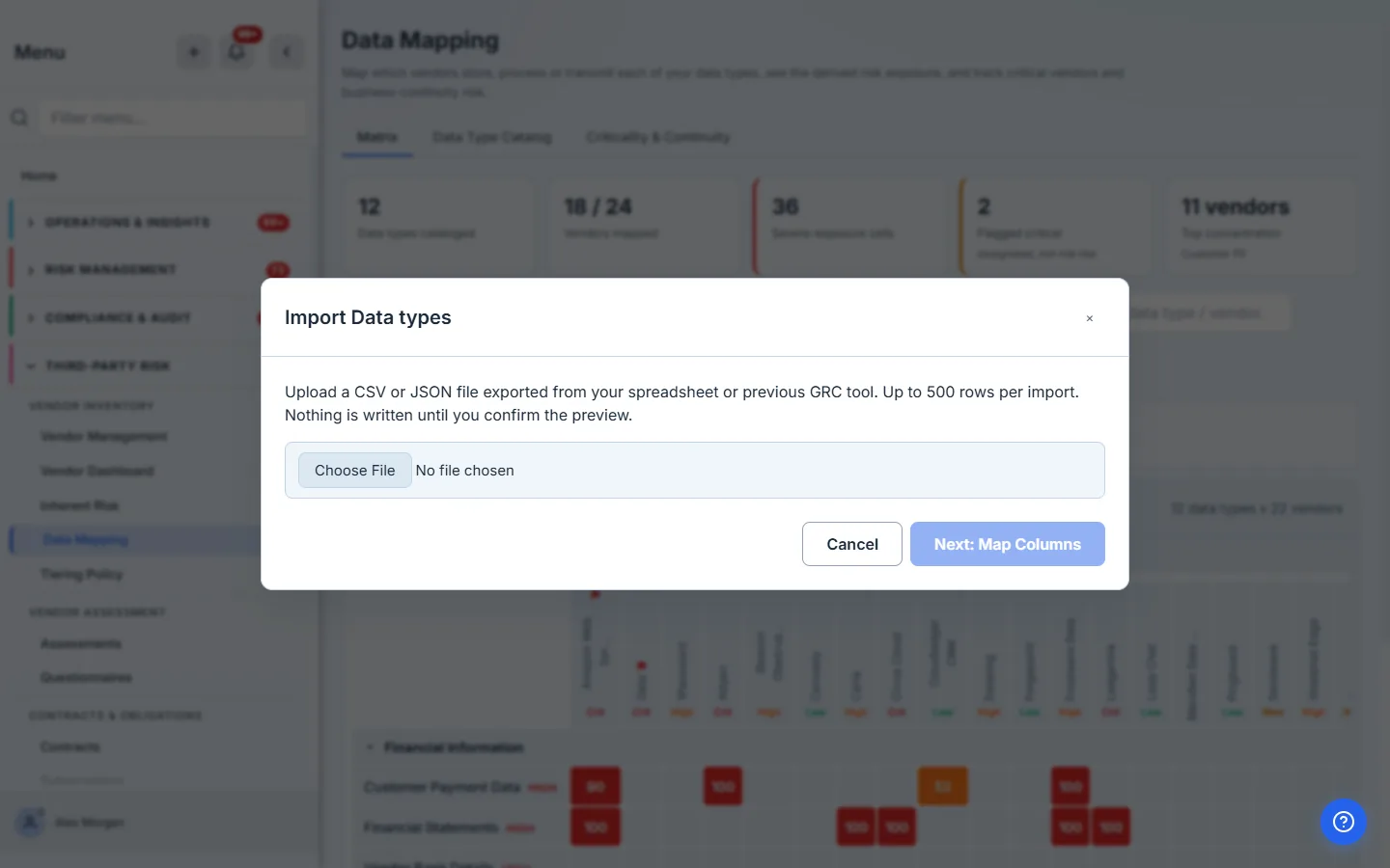 The Import wizard — upload a CSV or JSON export; nothing is written until you confirm the preview.