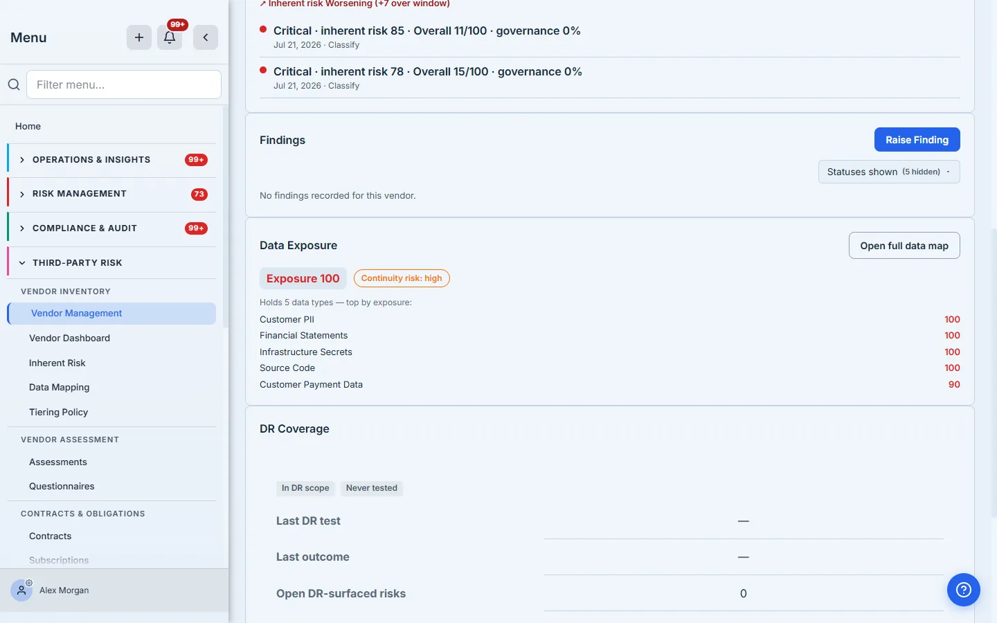 The Data Exposure card on a vendor's Risk tab — exposure score, continuity risk, and top data types held.