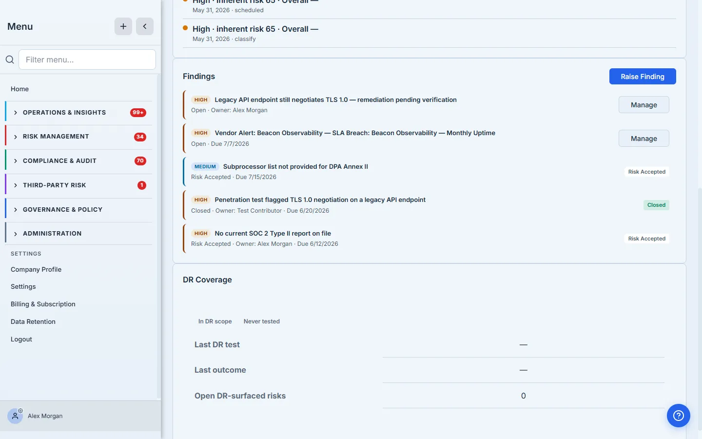 The findings register on a vendor's Risk tab — three findings spanning Open, Closed, and In Review, each with a severity badge, owner, and due date.