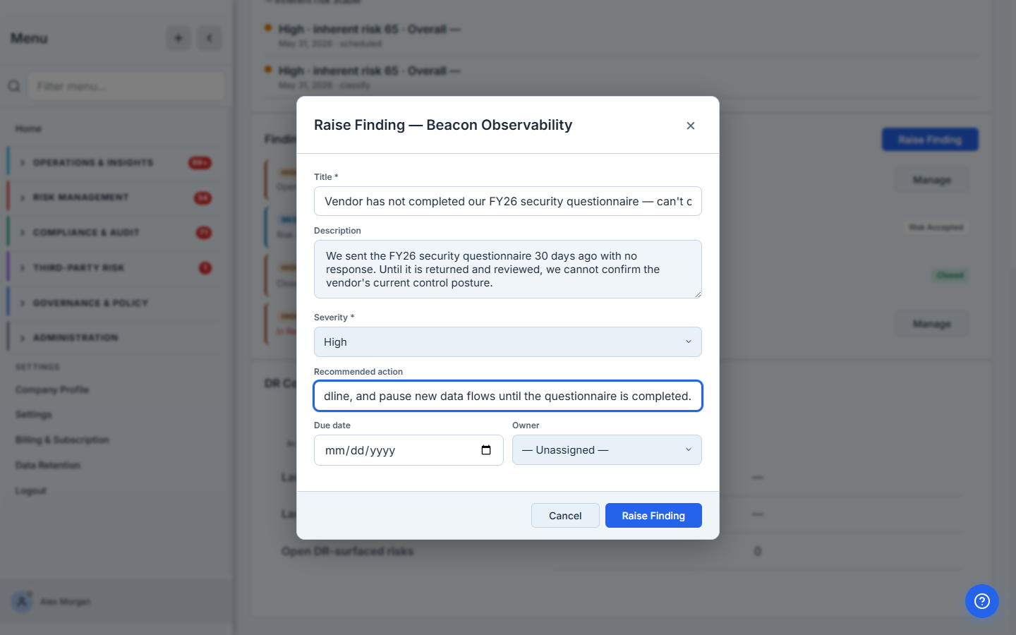 The Raise Finding form — title, description, severity, recommended action, due date, and owner picker, filled in for an outstanding security questionnaire.