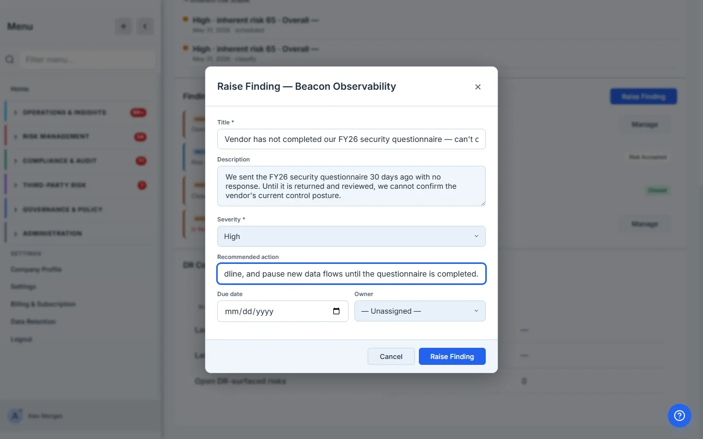 The Raise Finding form — title, description, severity, recommended action, due date, and owner picker, filled in for an outstanding security questionnaire.