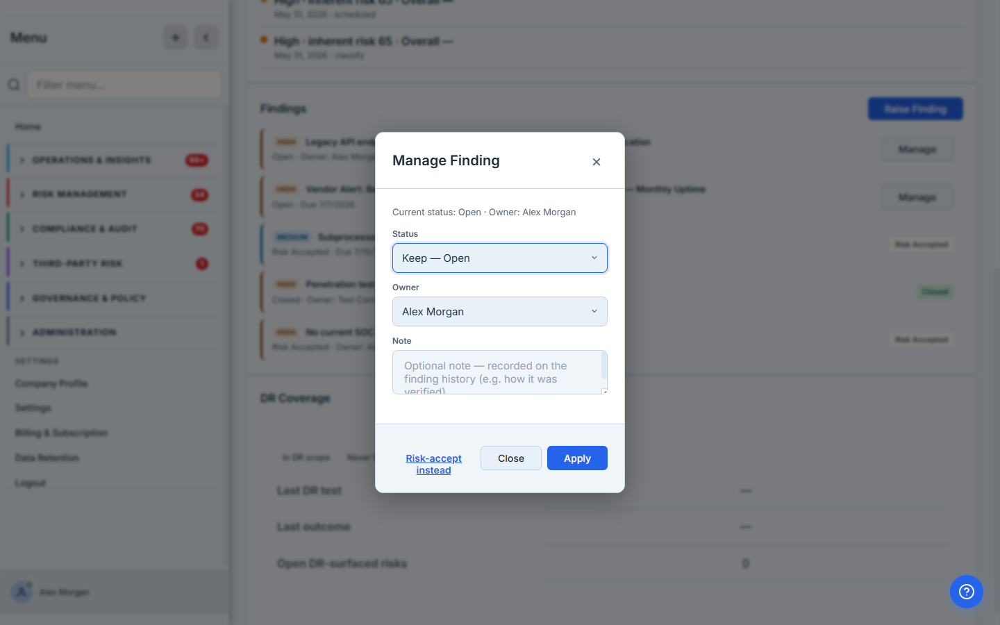 The Manage Finding modal — a status dropdown offering the next valid step, an owner reassignment picker, and an optional note recorded on the finding history.