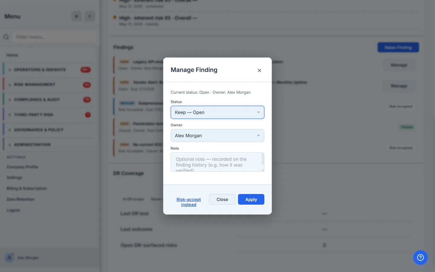 The Manage Finding modal — a status dropdown offering the next valid step, an owner reassignment picker, and an optional note recorded on the finding history.