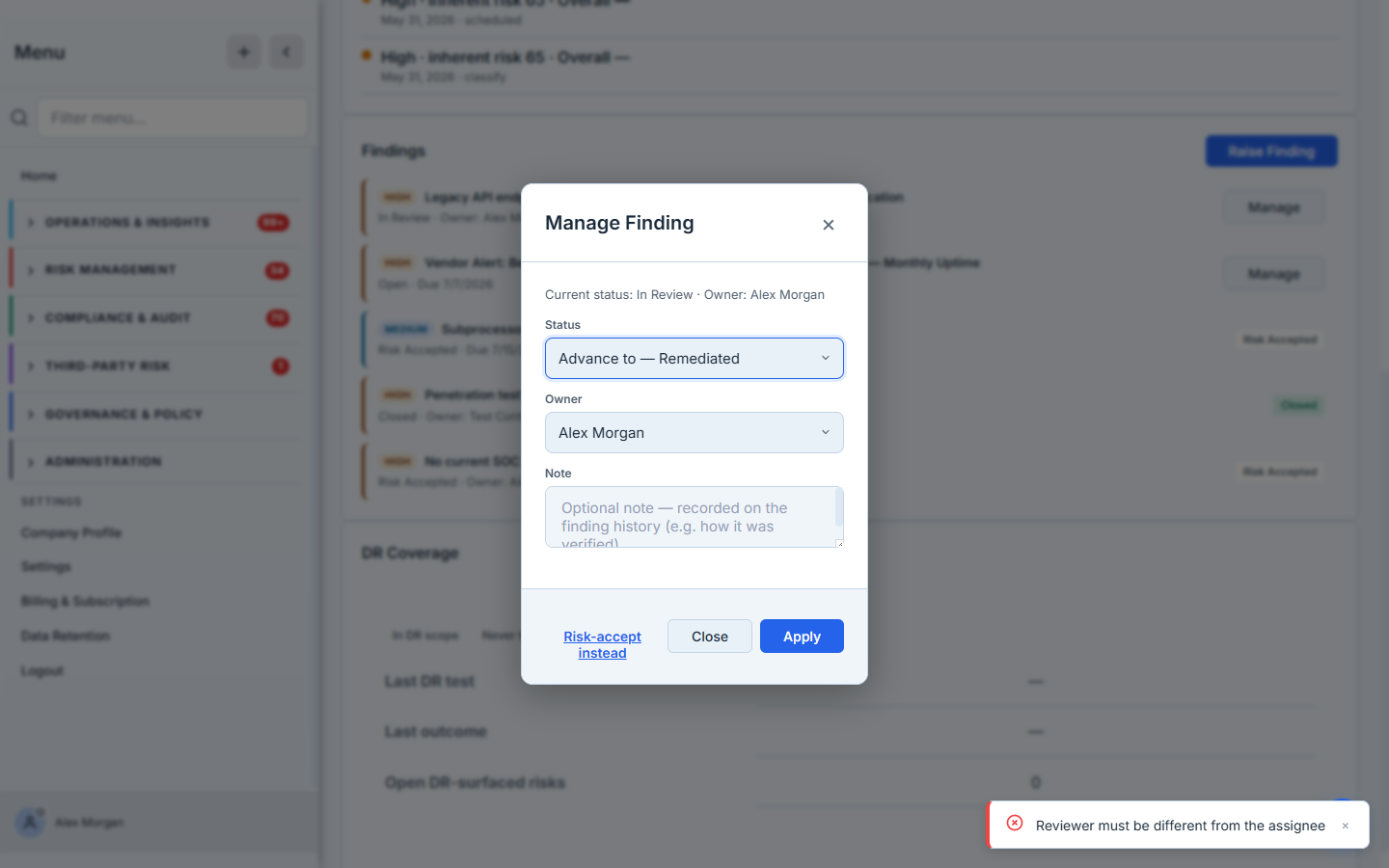 The Manage modal with the four-eyes control firing — a toast reads "Reviewer must be different from the assignee" when the assignee tries to sign off on their own remediation.
