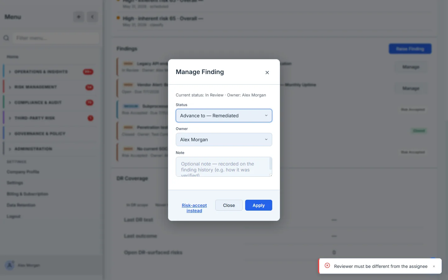The Manage modal with the four-eyes control firing — a toast reads "Reviewer must be different from the assignee" when the assignee tries to sign off on their own remediation.