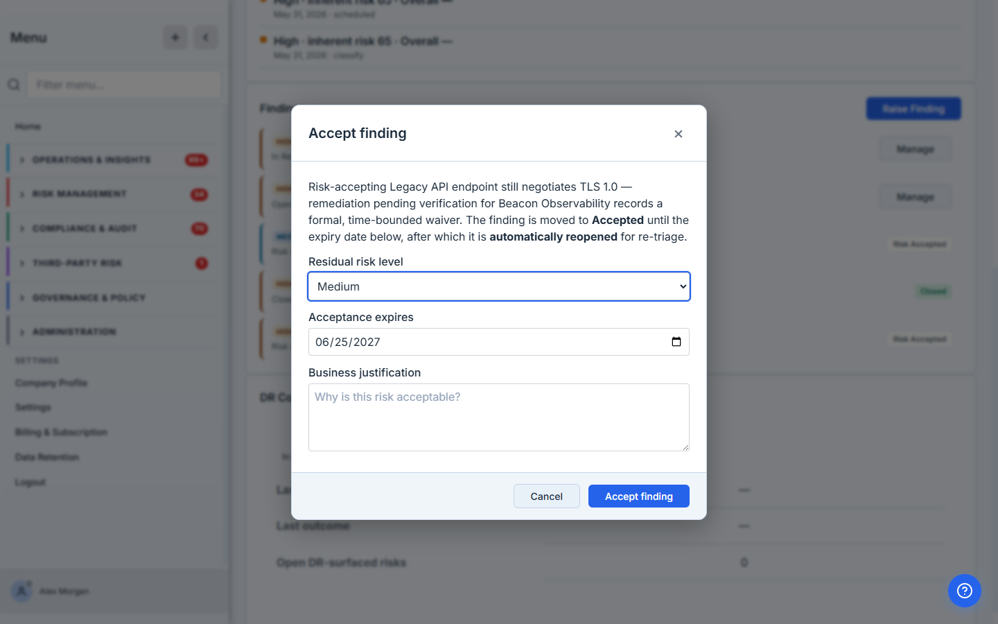 The Accept Finding modal — a residual risk level, an acceptance-expiry date, and a business-justification field, with a note that the finding auto-reopens when the acceptance lapses.