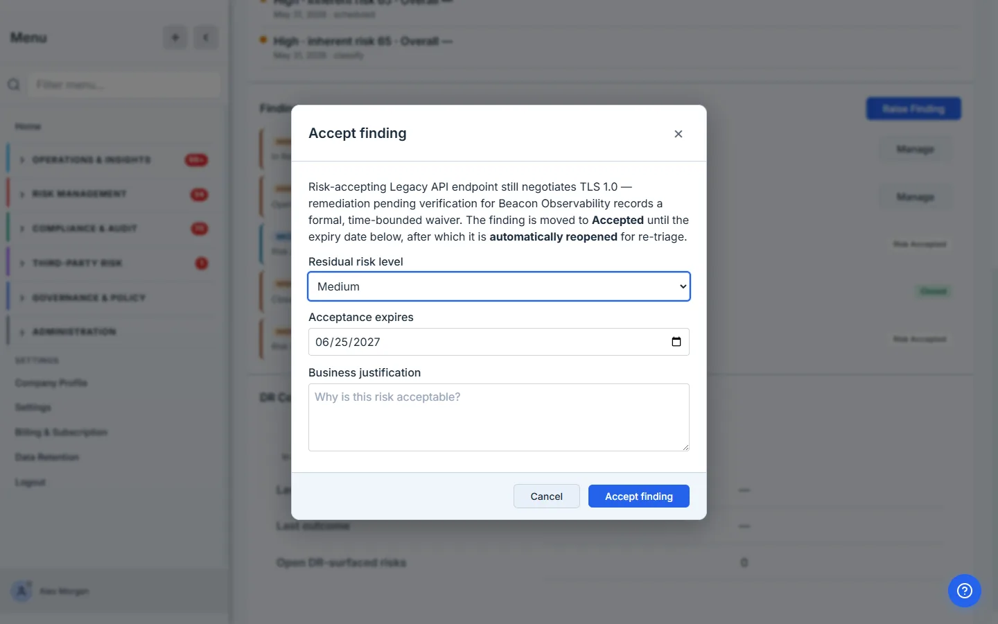 The Accept Finding modal — a residual risk level, an acceptance-expiry date, and a business-justification field, with a note that the finding auto-reopens when the acceptance lapses.