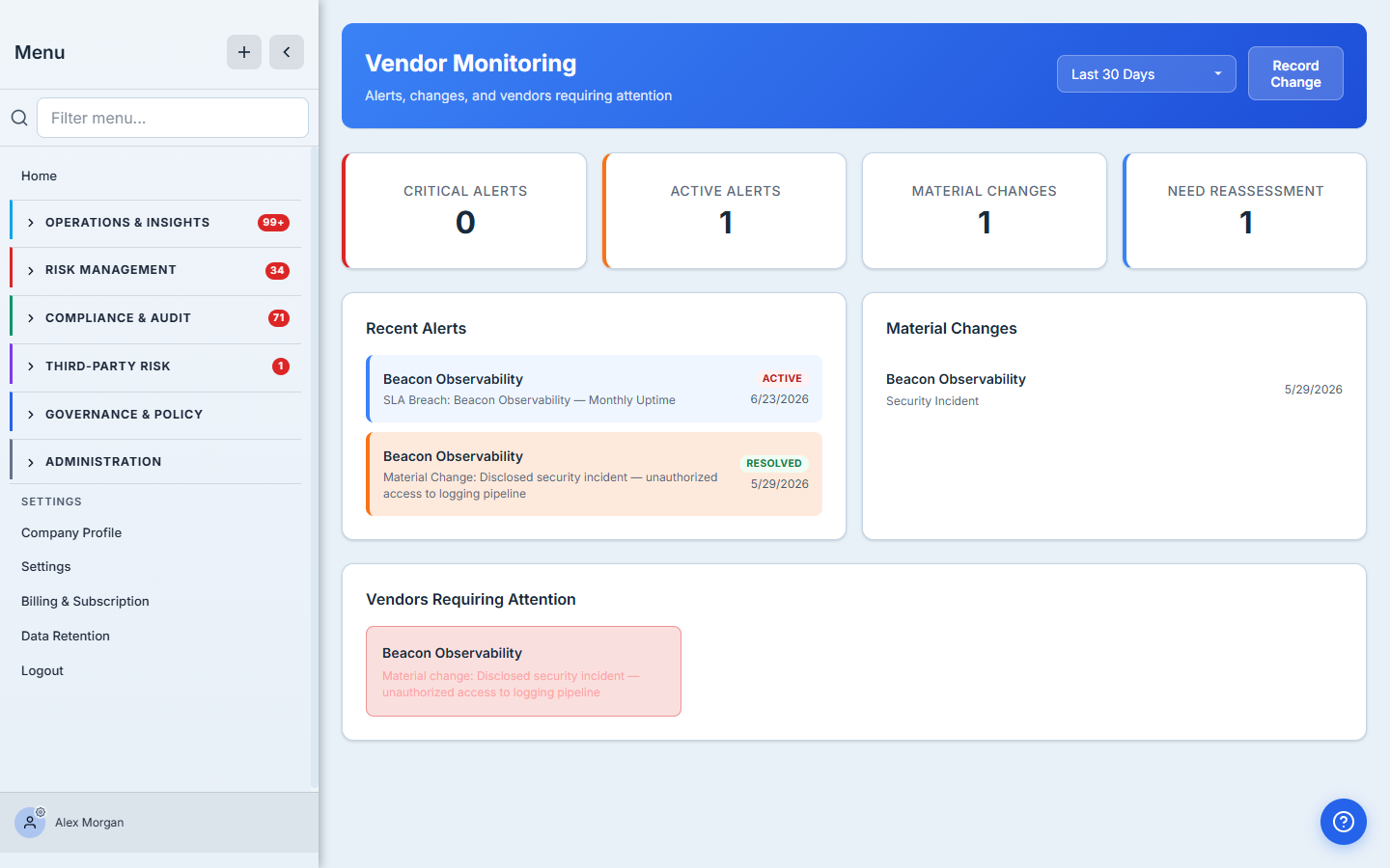 The vendor monitoring dashboard — alert and material-change counters over the recent-alerts feed, material-changes feed, and the vendors-requiring-attention list.