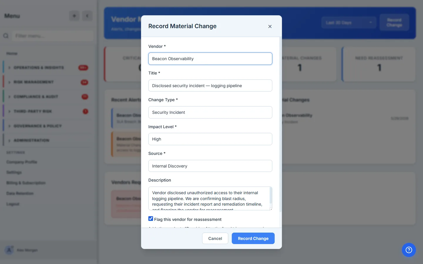 Recording a material change — vendor, title, change type, impact level, source, description, and the "flag this vendor for reassessment" option.