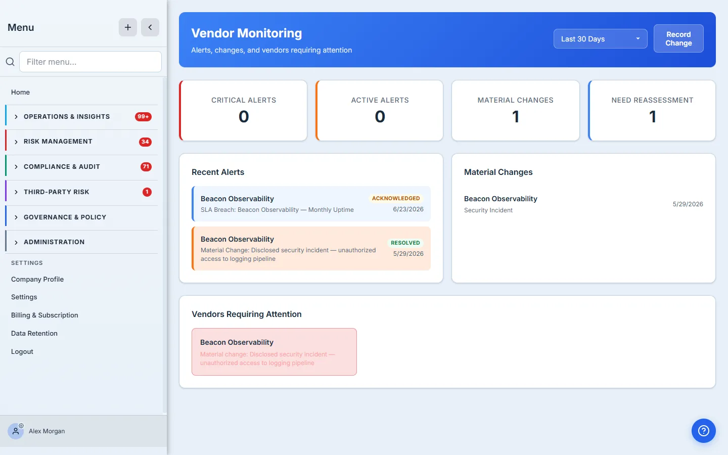 After acknowledging — the alert shows Acknowledged and the active count drops, while the vendor stays flagged for reassessment.