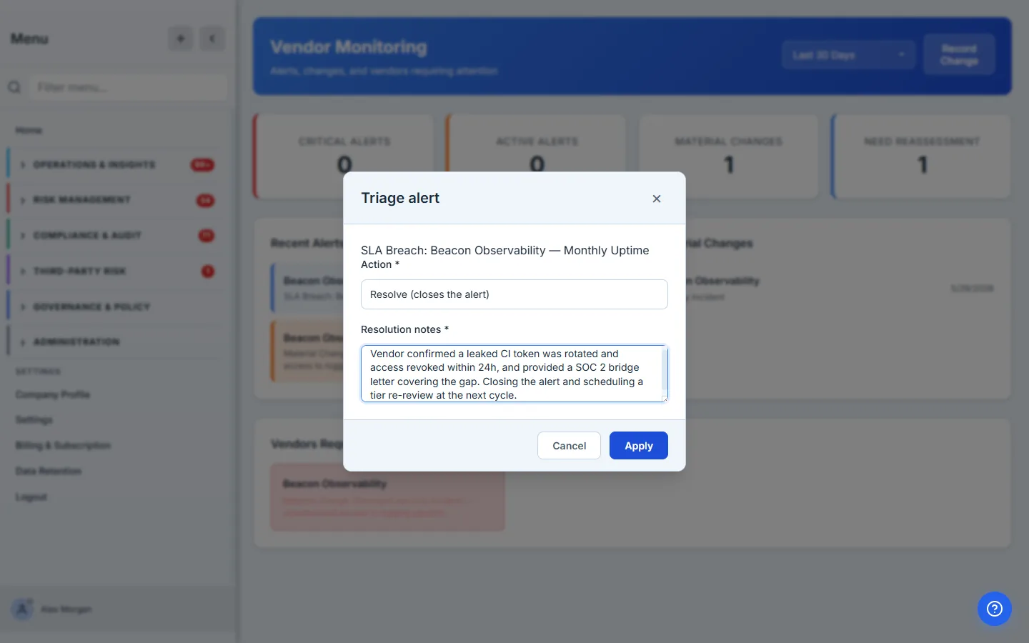 The resolve disposition requires resolution notes — closing an alert is a decision the system makes you write down.