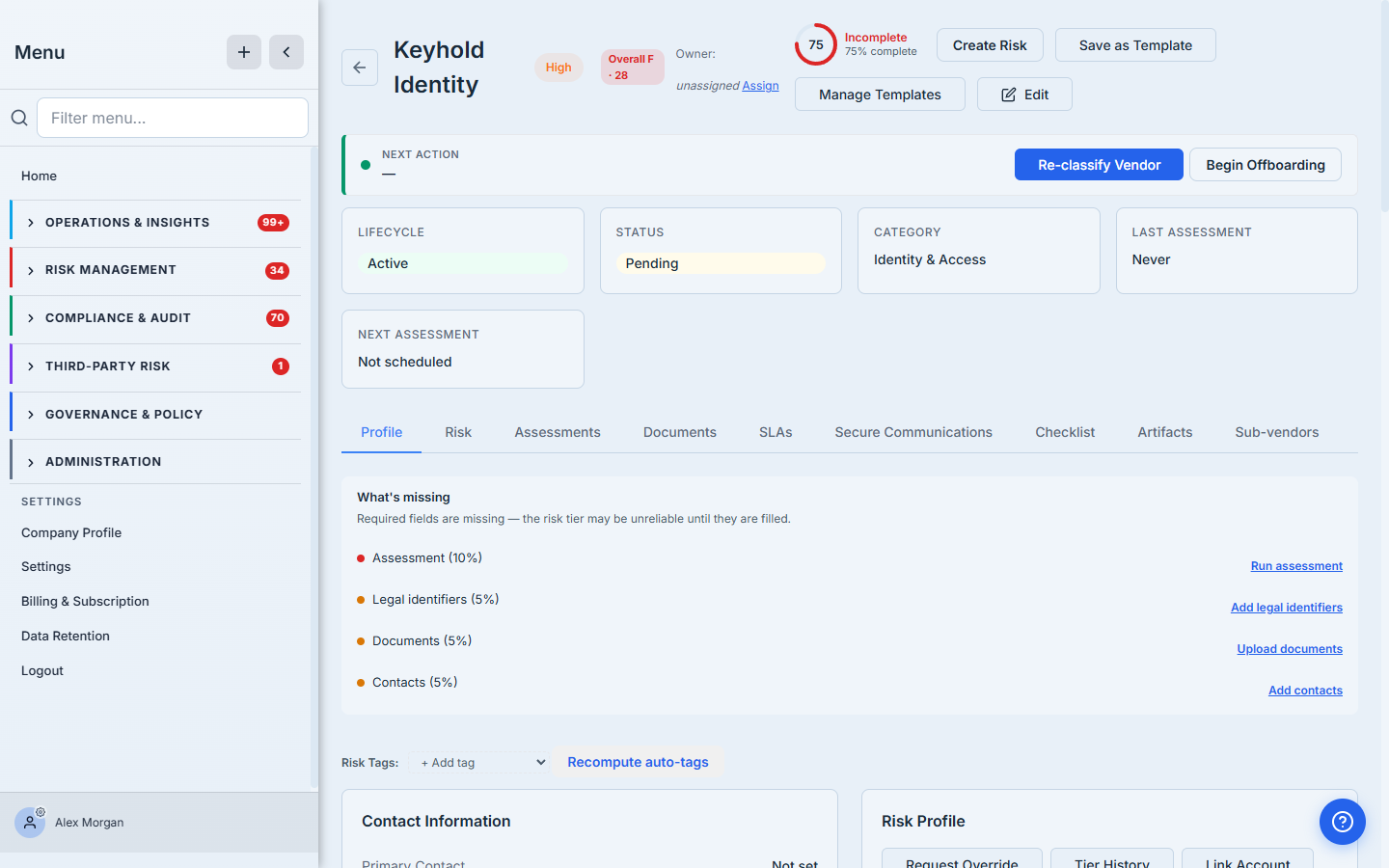 An active vendor's detail page with the Begin Offboarding action alongside Re-classify Vendor.