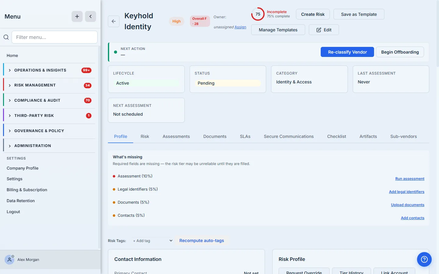 An active vendor's detail page with the Begin Offboarding action alongside Re-classify Vendor.