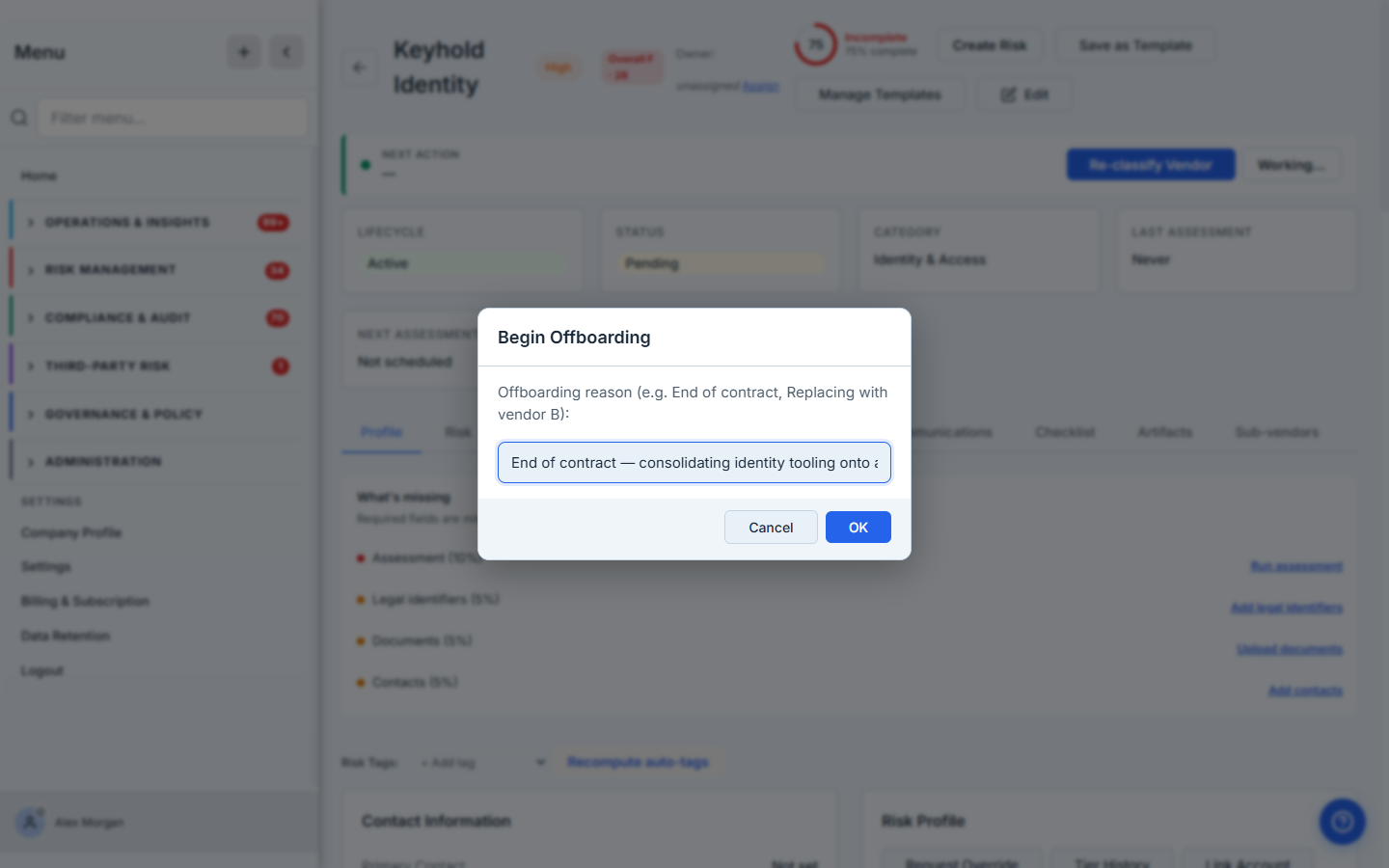 The Begin Offboarding prompt capturing the reason for the wind-down.