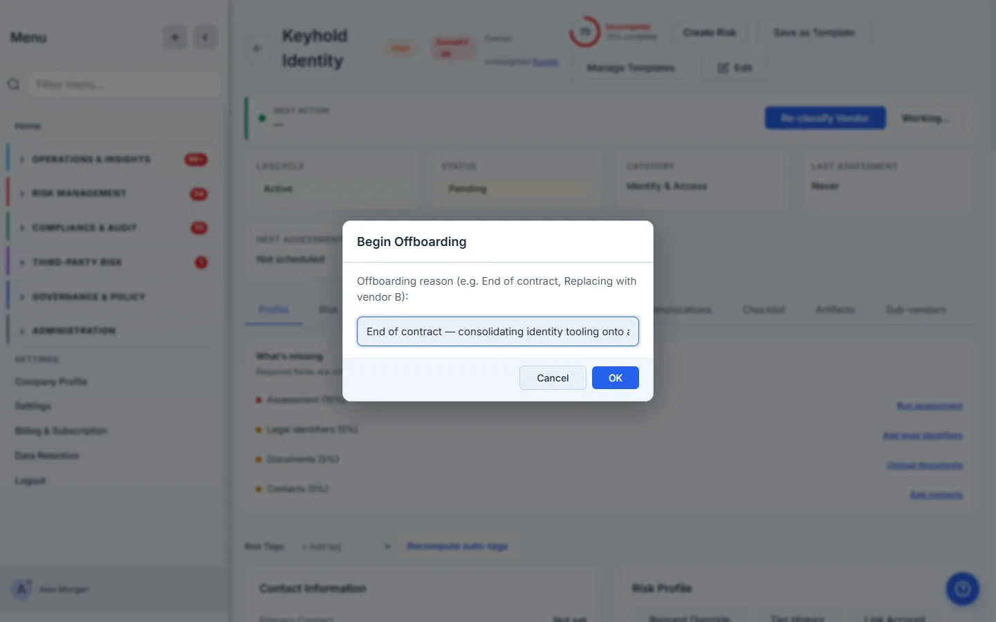 The Begin Offboarding prompt capturing the reason for the wind-down.
