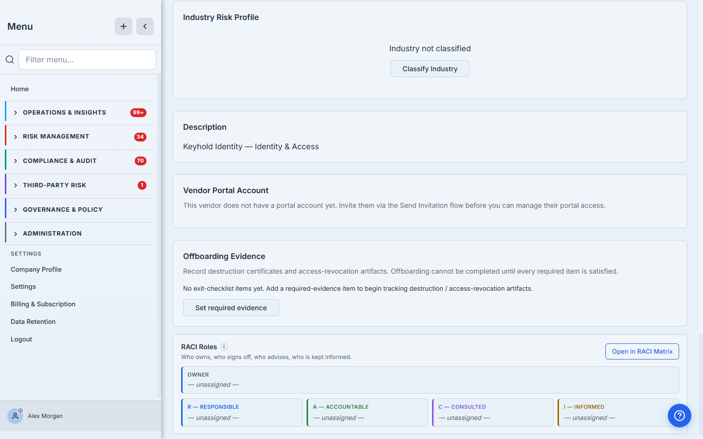 The vendor now in the offboarding state, showing the Offboarding Evidence section that gates termination.