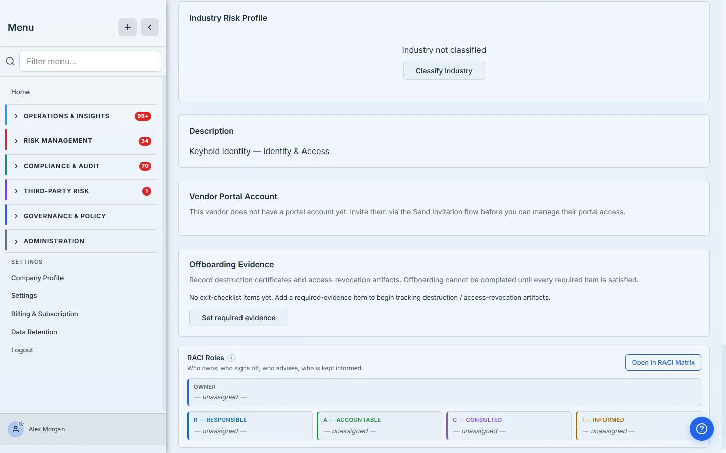 The vendor now in the offboarding state, showing the Offboarding Evidence section that gates termination.