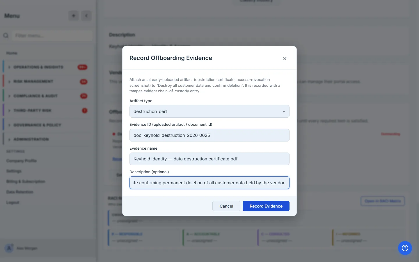 Recording an offboarding evidence artifact against its required item.