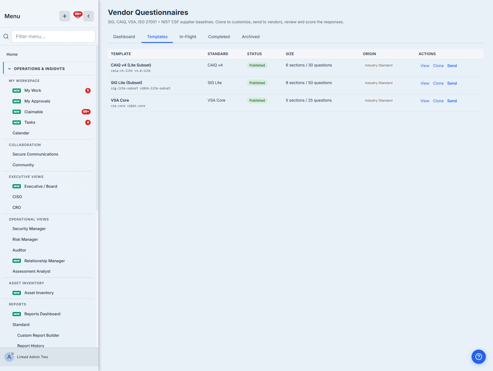 The template library — CAIQ v4, SIG Lite and VSA Core industry baselines, each with section/question counts and View / Clone / Send actions.