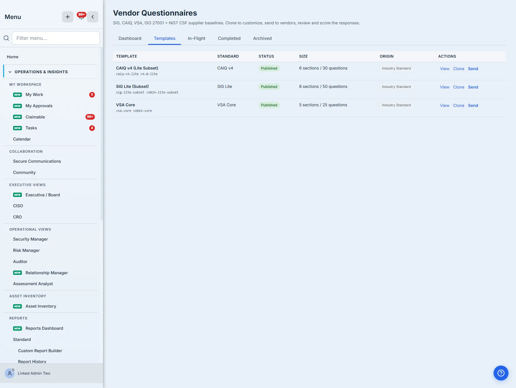 The template library — CAIQ v4, SIG Lite and VSA Core industry baselines, each with section/question counts and View / Clone / Send actions.