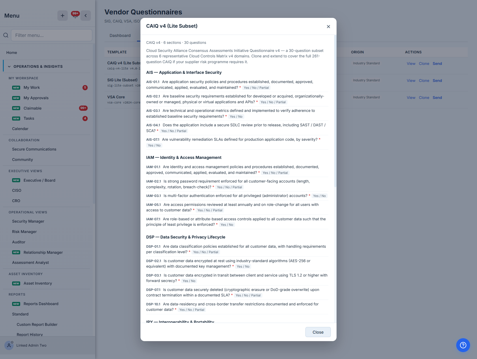 The CAIQ v4 template viewer — six domains, thirty questions with their real CAIQ codes, required markers, and answer types.