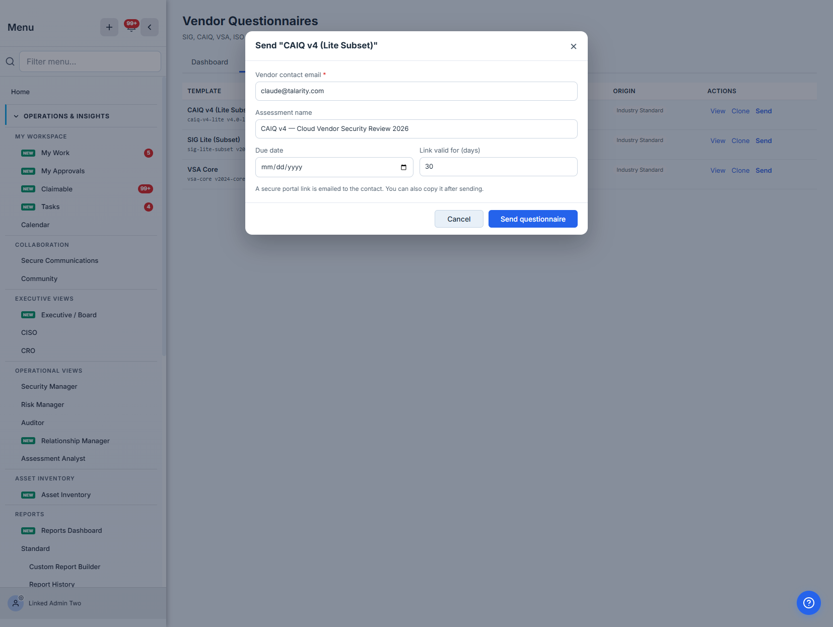 The send modal — vendor contact email, assessment name, due date, and link validity window.