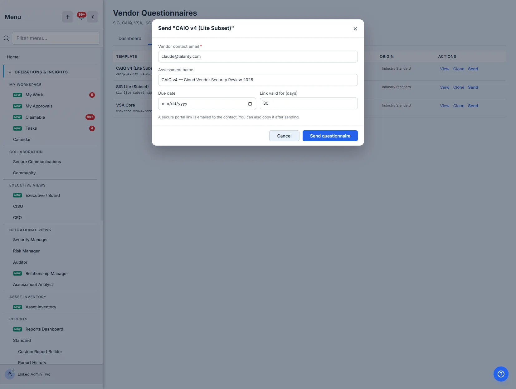 The send modal — vendor contact email, assessment name, due date, and link validity window.