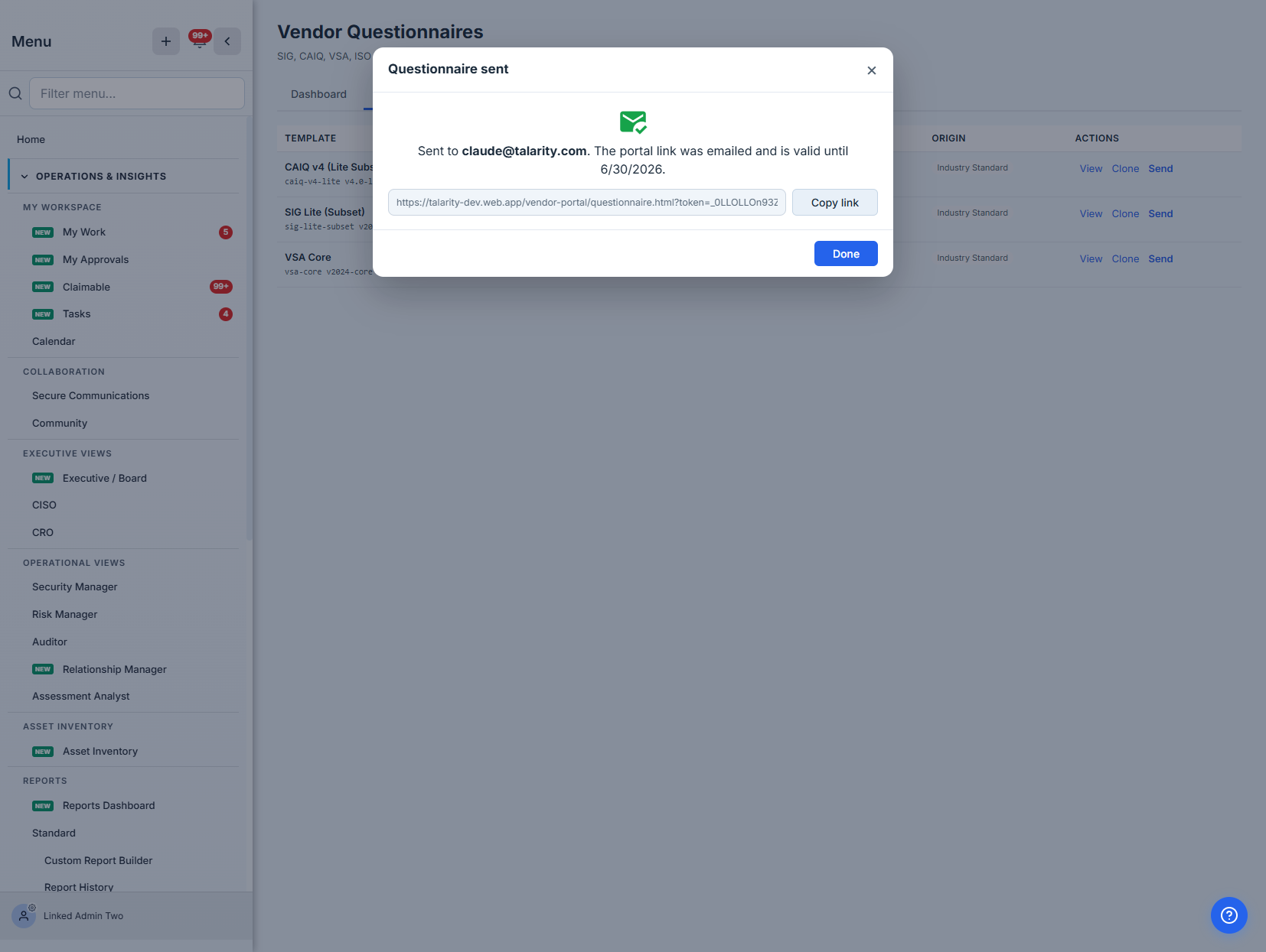 The sent confirmation — the questionnaire was emailed to the contact, with the secure portal link and its expiry shown for copying.