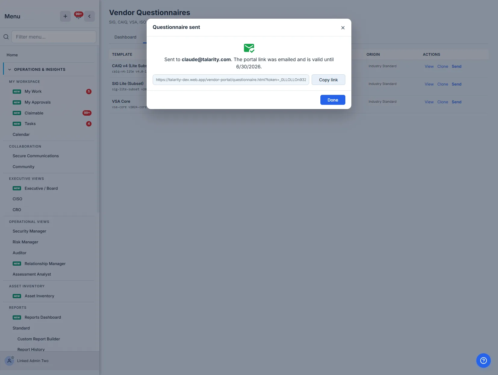 The sent confirmation — the questionnaire was emailed to the contact, with the secure portal link and its expiry shown for copying.