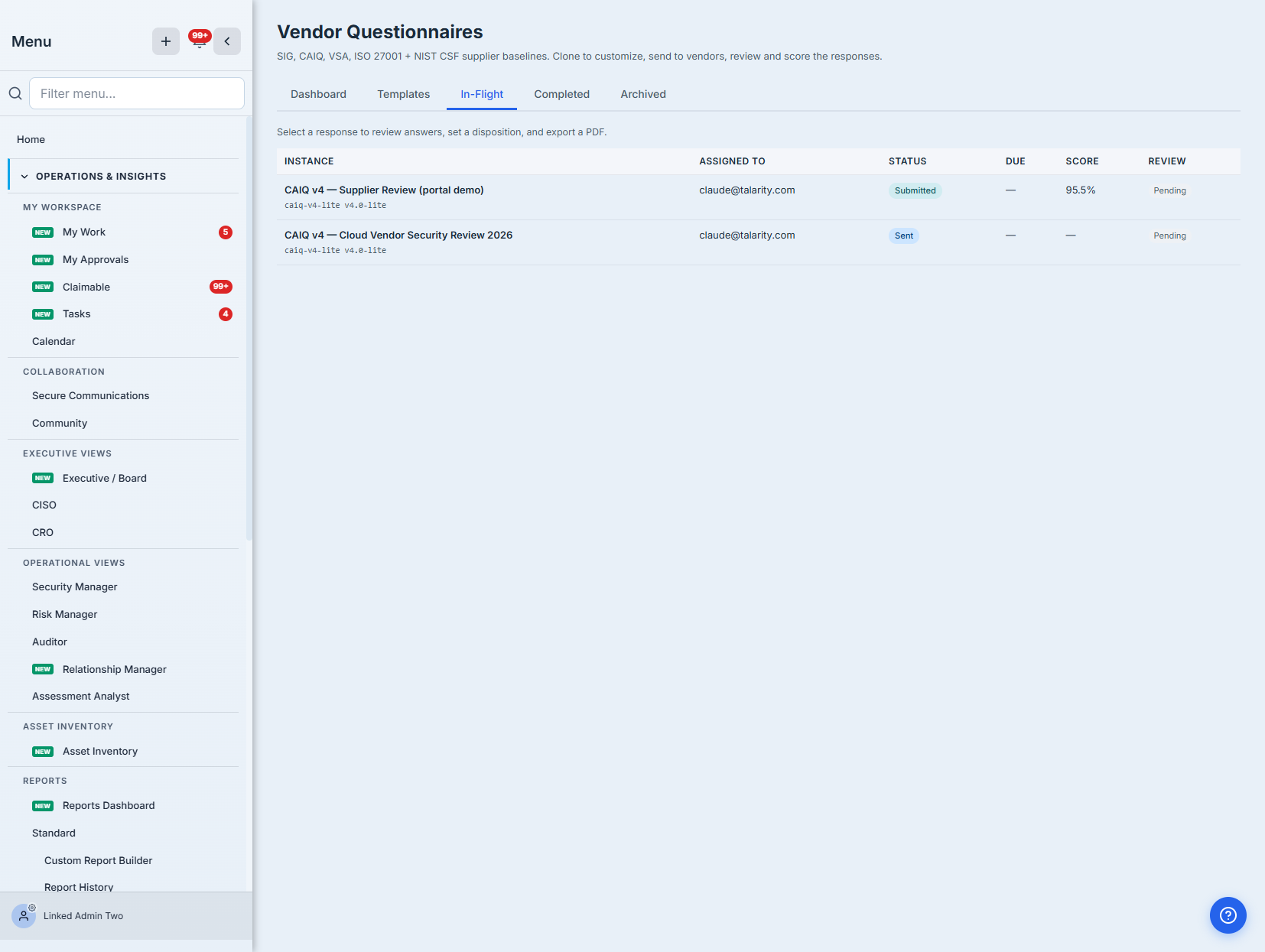 The in-flight queue — the submitted response with its assigned contact, status, due date, computed score, and review state.