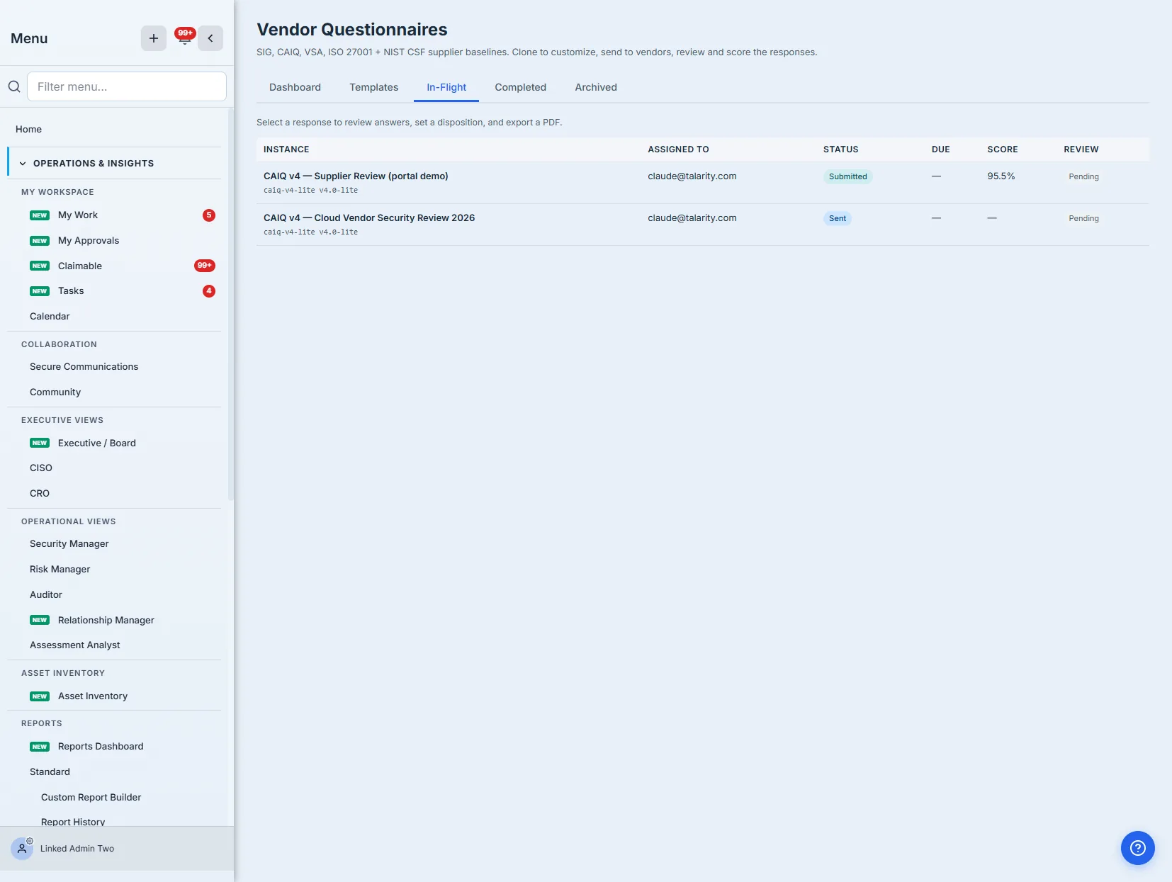 The in-flight queue — the submitted response with its assigned contact, status, due date, computed score, and review state.
