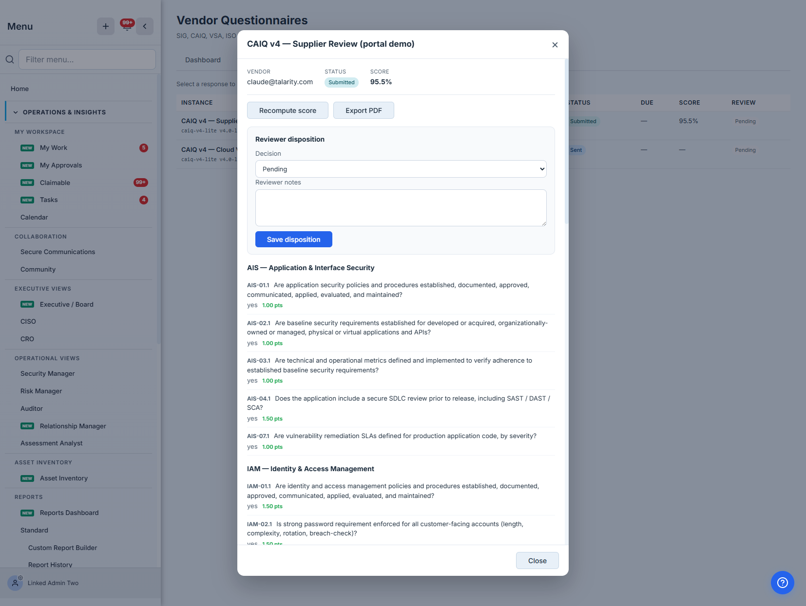 The response review — the answer transcript with per-question points and cited evidence, a reviewer-disposition panel (approve / reject / needs clarification) with notes, and recompute / export actions.