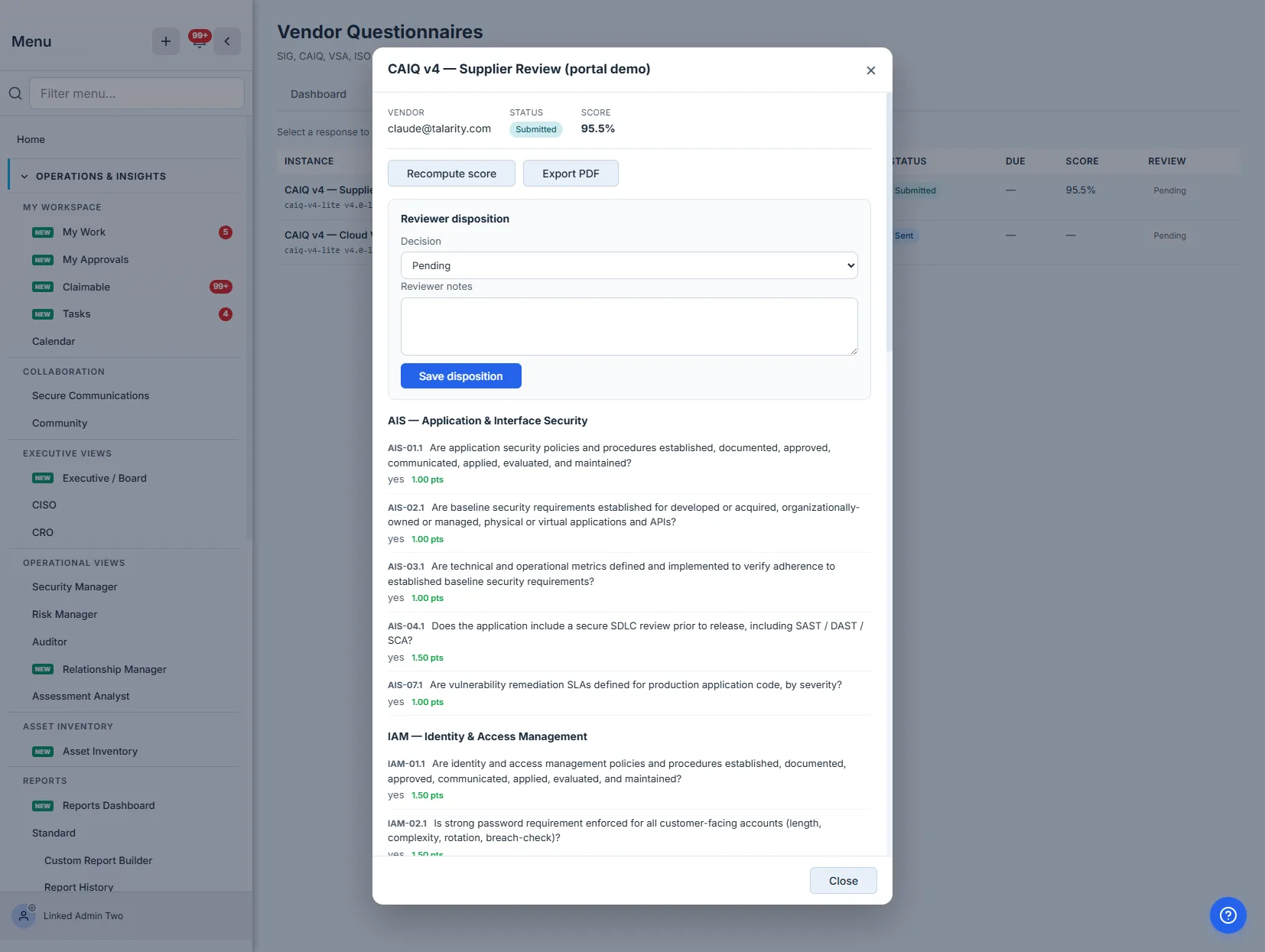The response review — the answer transcript with per-question points and cited evidence, a reviewer-disposition panel (approve / reject / needs clarification) with notes, and recompute / export actions.