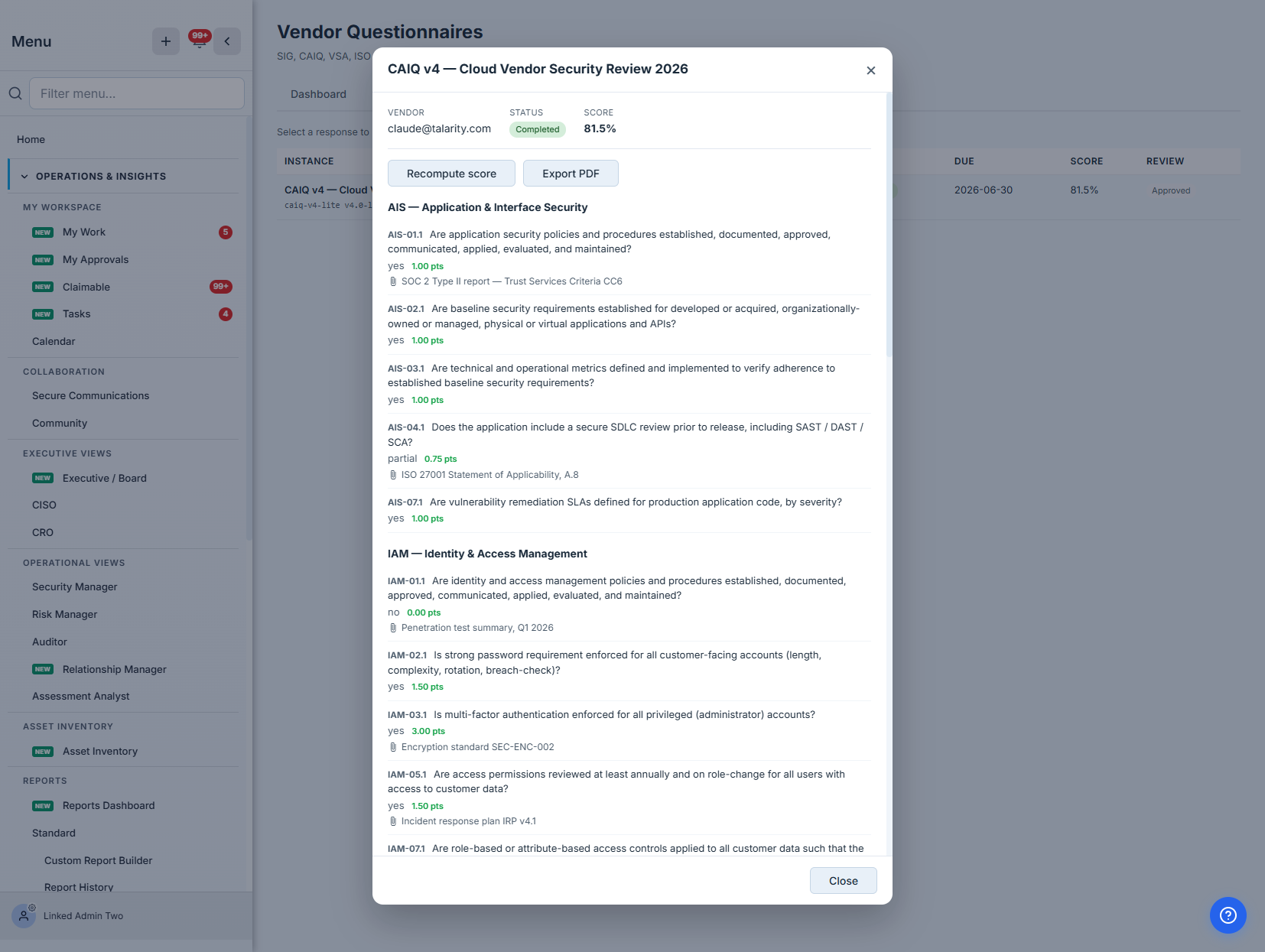 The completed response — status Completed, the disposition recorded, and a PDF of record generated and saved to the response.