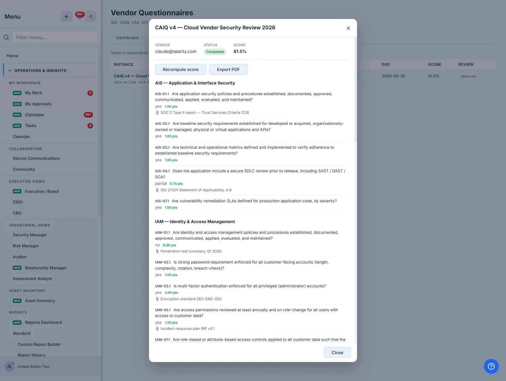 The completed response — status Completed, the disposition recorded, and a PDF of record generated and saved to the response.