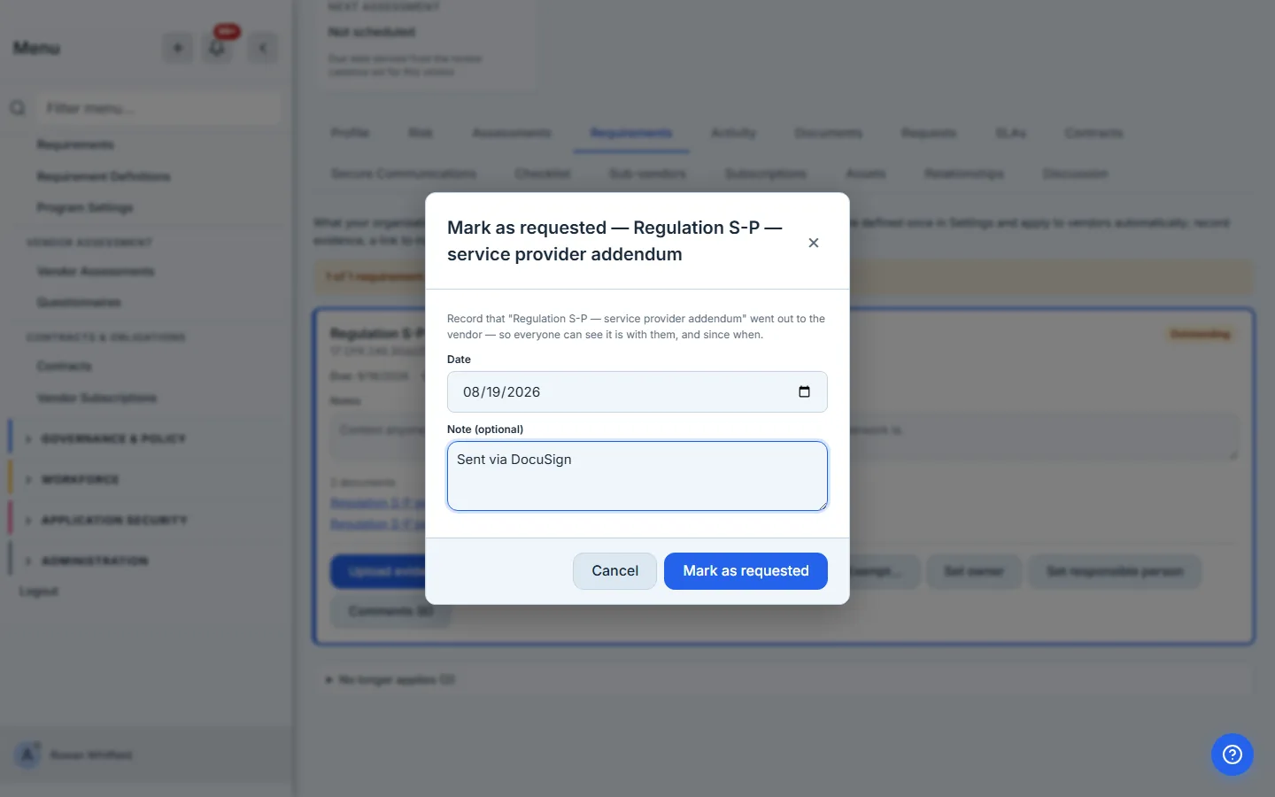 The Mark as requested dialog with a date and a 'Sent via DocuSign' note.