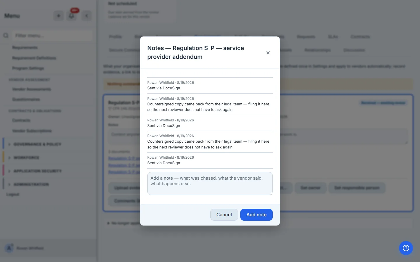 The comments thread on the Regulation S-P requirement for one vendor.