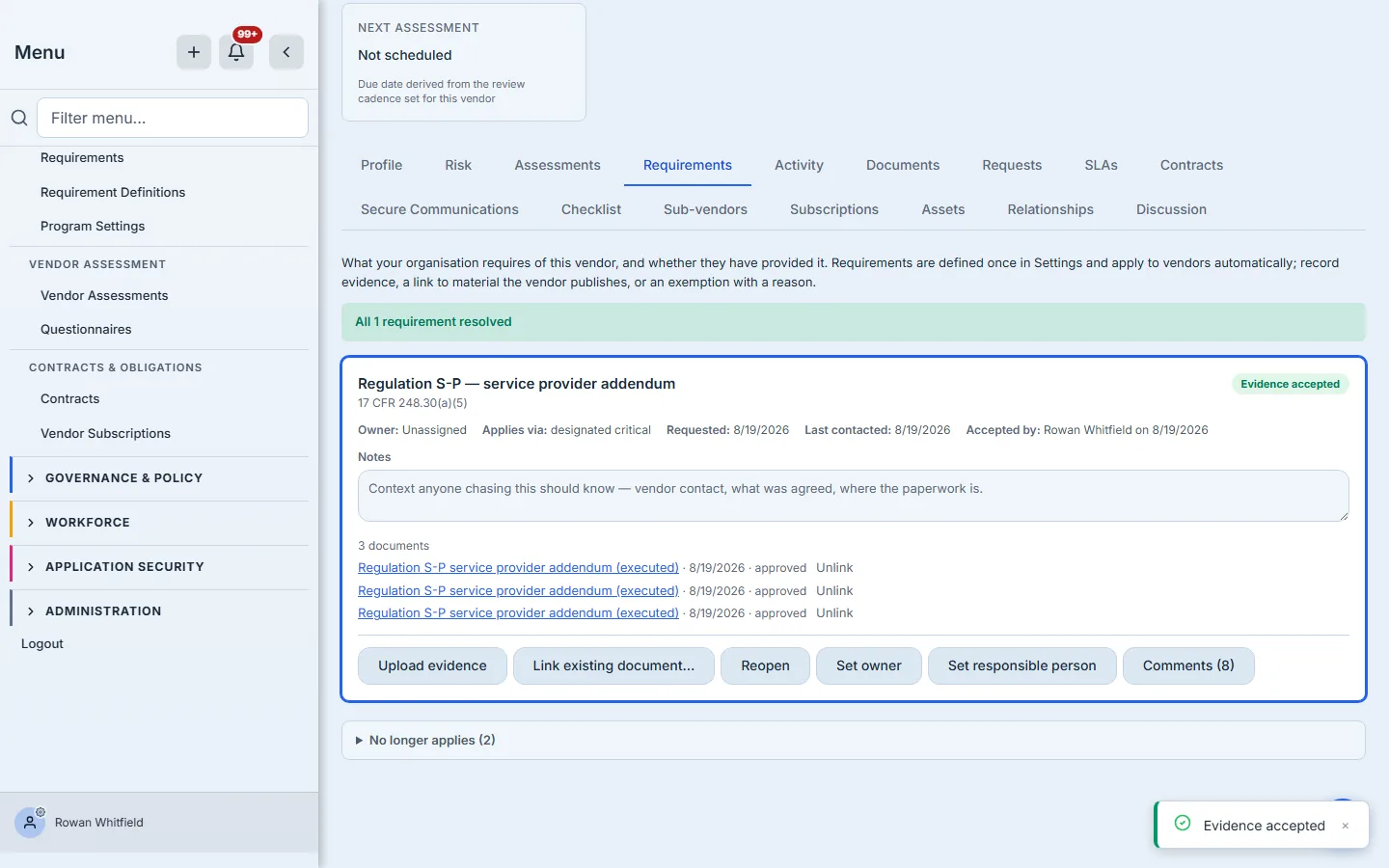 The requirement showing Evidence accepted, with the accepting user and date.