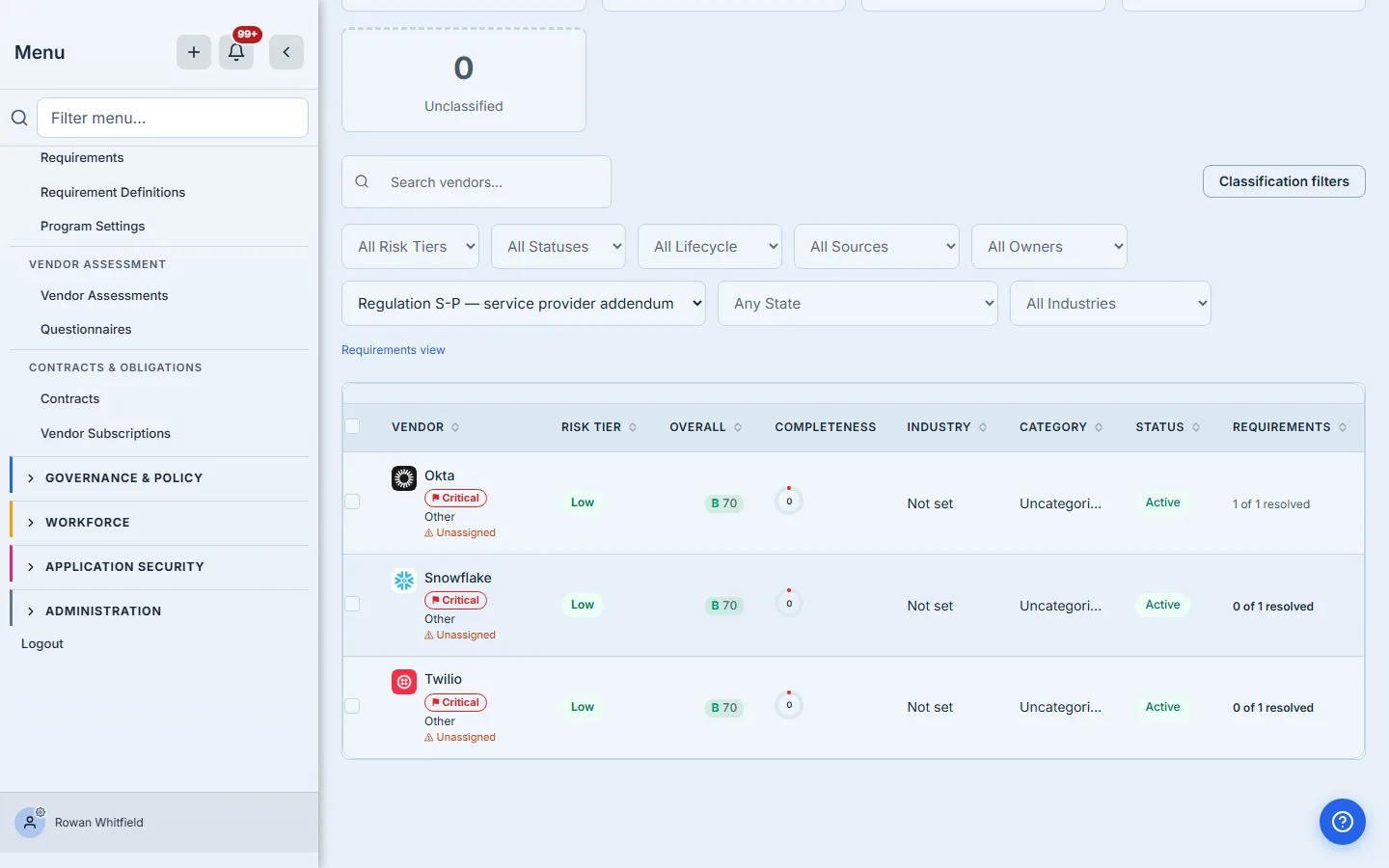 The vendors list filtered to the requirement, with the Requirements column visible.