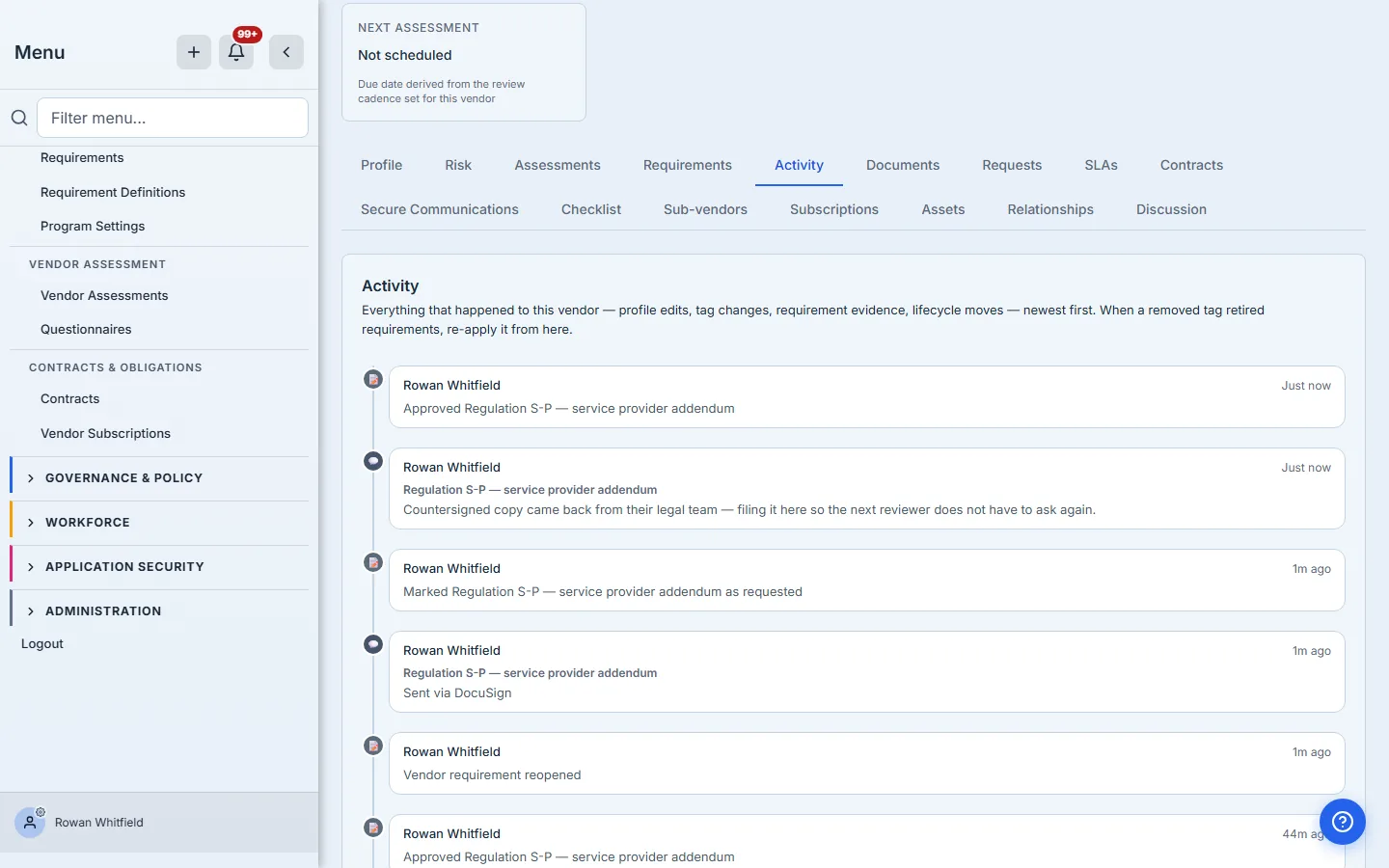 The vendor Activity tab showing the requirement being requested, evidenced and accepted.