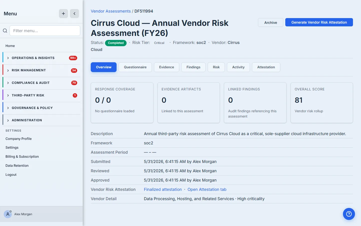 The vendor assessment case file for Cirrus Cloud — status Completed, risk tier Critical, overall score 81 — with the Generate Vendor Risk Attestation button and the new Attestation tab.